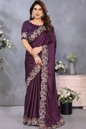 Purple satin embroidered saree with blouse