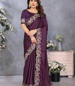 Purple satin embroidered saree with blouse