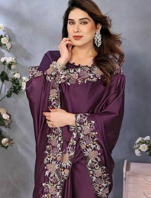 Purple satin embroidered saree with blouse 2