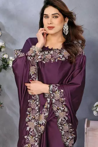 Purple satin embroidered saree with blouse