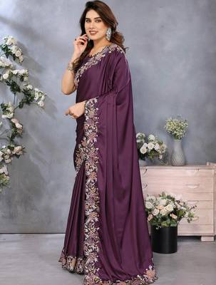 Purple satin embroidered saree with blouse 3