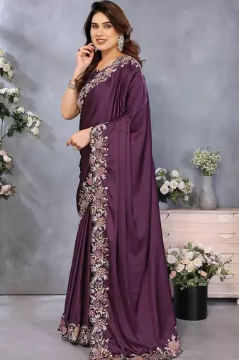 Purple satin embroidered saree with blouse