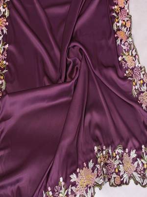 Purple satin embroidered saree with blouse 4