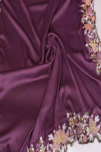 Purple satin embroidered saree with blouse