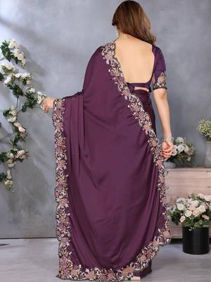Purple satin embroidered saree with blouse 5