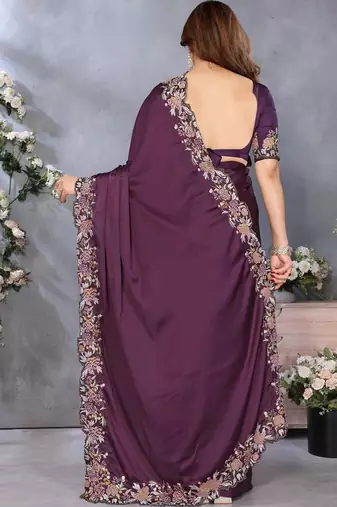 Purple satin embroidered saree with blouse