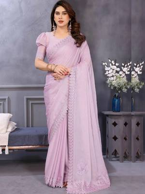 Lavender georgette solid saree with blouse 1