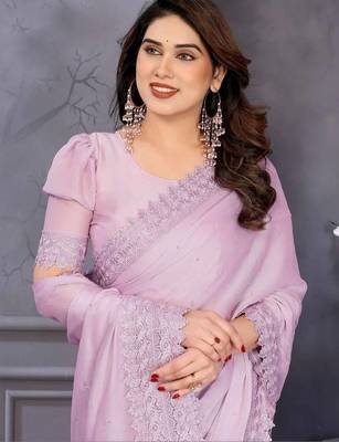 Lavender georgette solid saree with blouse 2