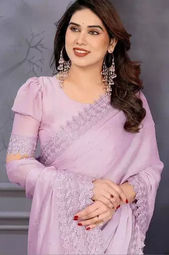 Lavender georgette solid saree with blouse