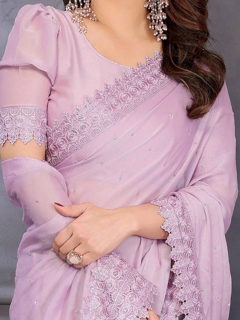Lavender georgette solid saree with blouse