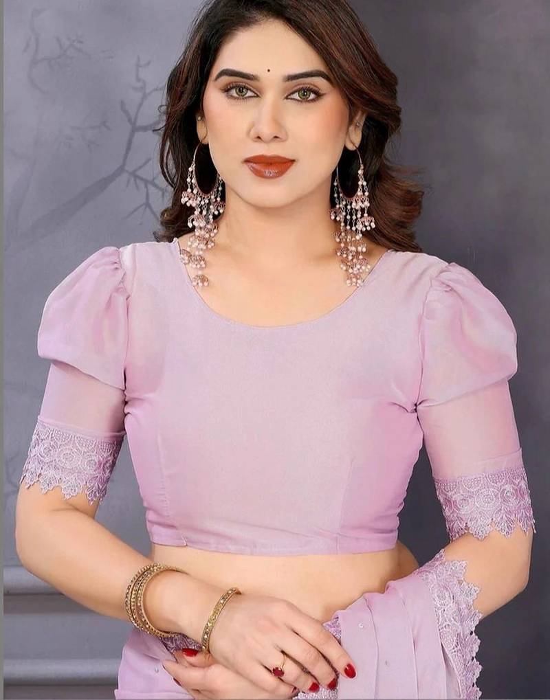 Lavender georgette solid saree with blouse