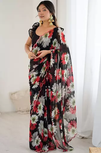 black georgette mirror work saree