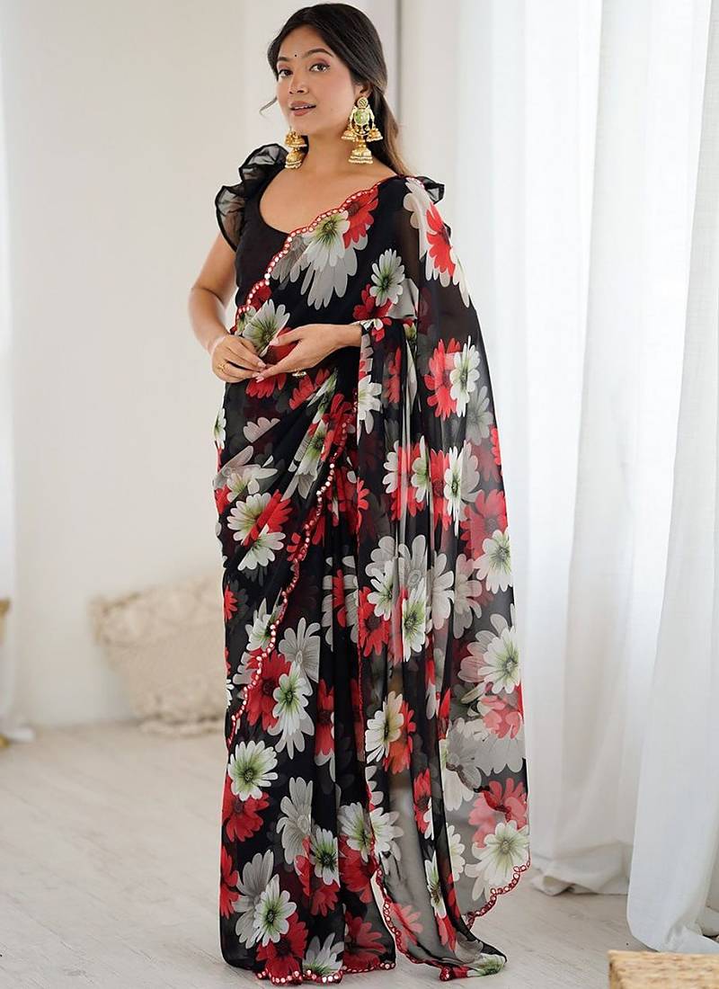 black georgette mirror work saree