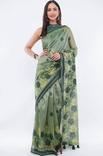 Green silk blend printed saree with blouse