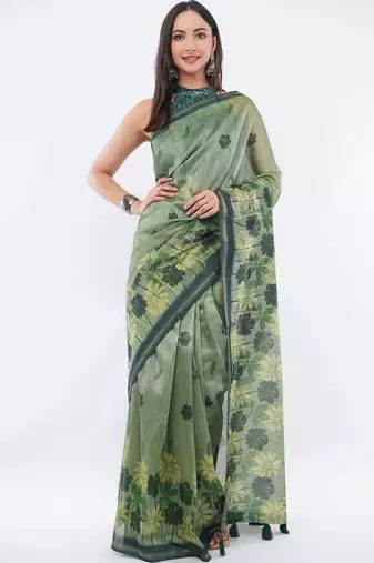 Green silk blend printed saree with blouse
