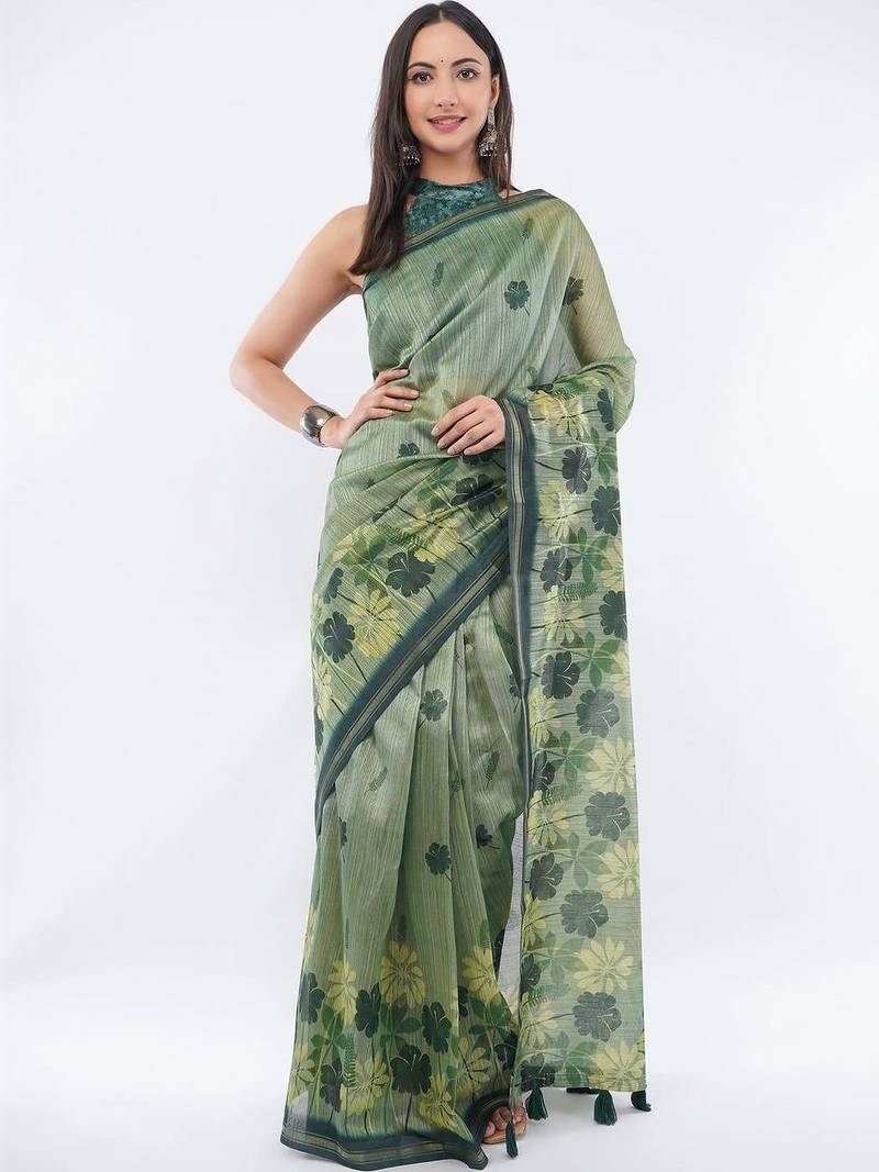 Green silk blend printed saree with blouse