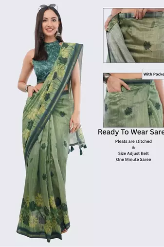 Green silk blend printed saree with blouse