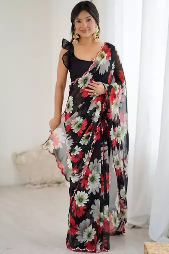 black georgette mirror work saree