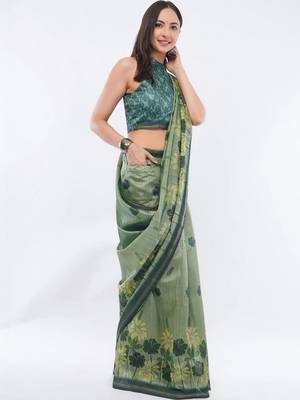 Green silk blend printed saree with blouse 3