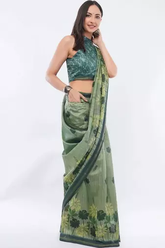 Green silk blend printed saree with blouse