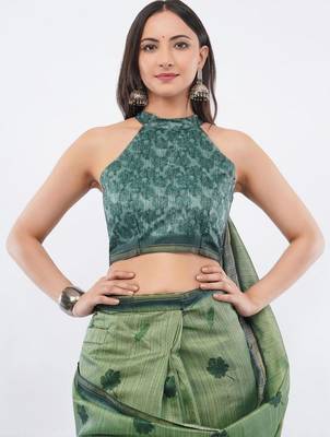 Green silk blend printed saree with blouse 4