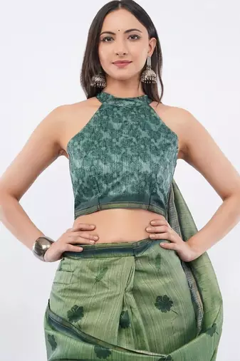 Green silk blend printed saree with blouse