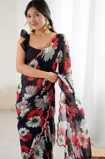 black georgette mirror work saree