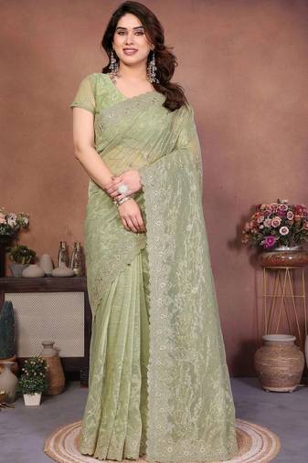 Green net embroidered saree with blouse