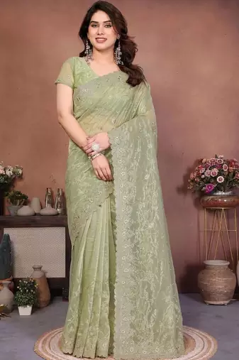 Green net embroidered saree with blouse
