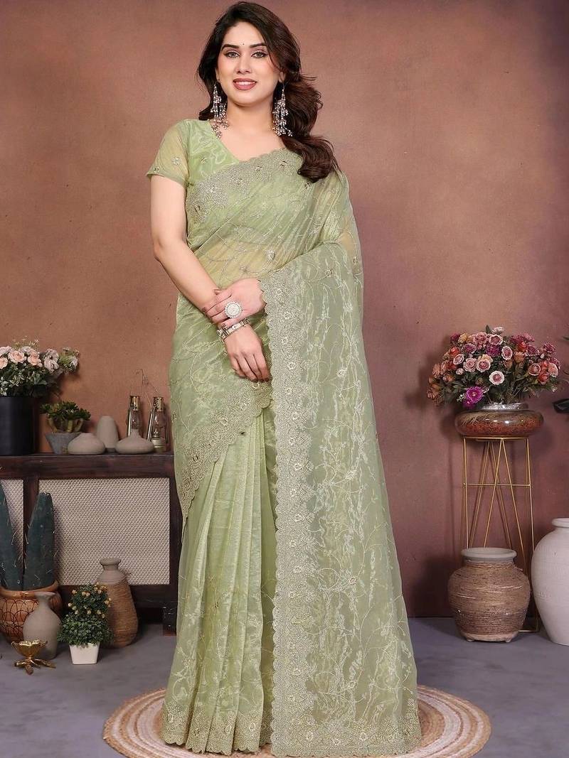 Green net embroidered saree with blouse