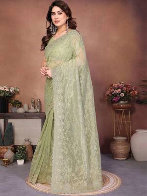 Green net embroidered saree with blouse 2
