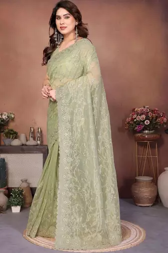 Green net embroidered saree with blouse