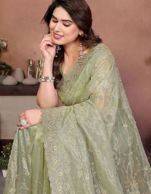 Green net embroidered saree with blouse 3