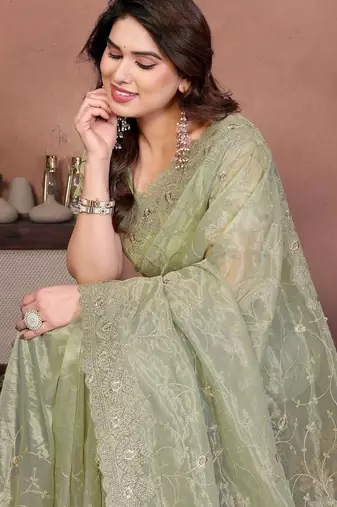 Green net embroidered saree with blouse