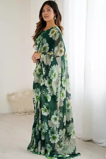 green georgette mirror work saree