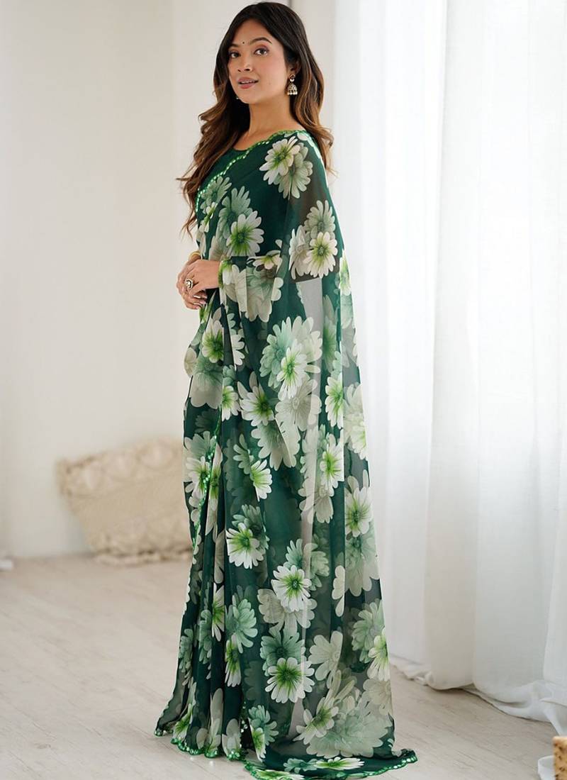green georgette mirror work saree