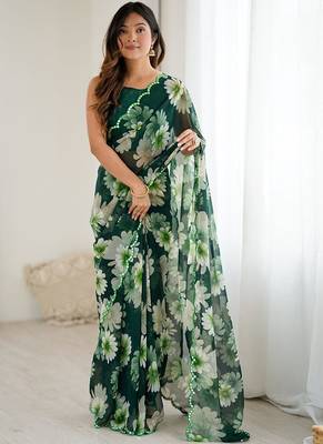 green georgette mirror work saree 4