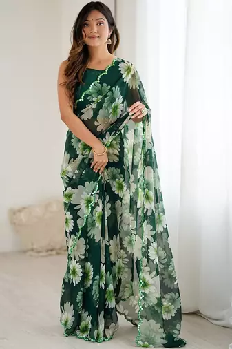 green georgette mirror work saree