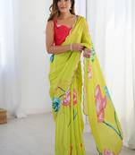 lemon yellow heavy chiffon mirror work saree