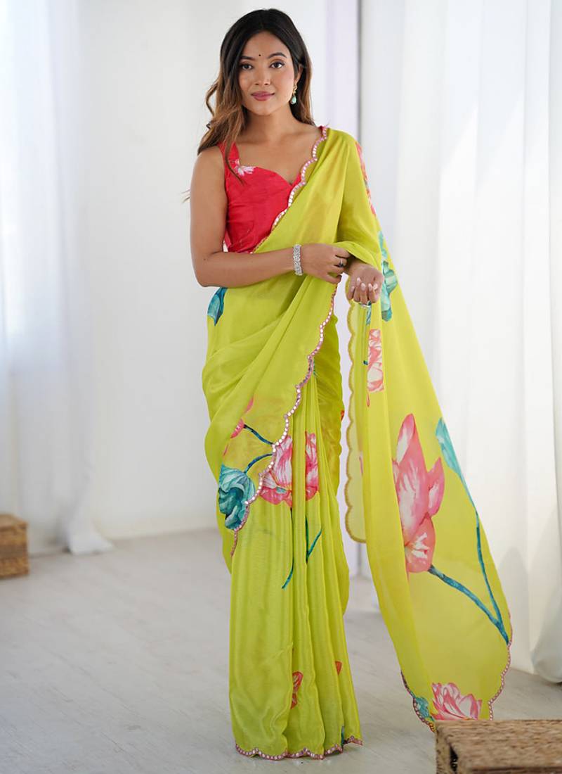 lemon yellow heavy chiffon mirror work saree