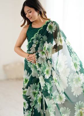 green georgette mirror work saree 5