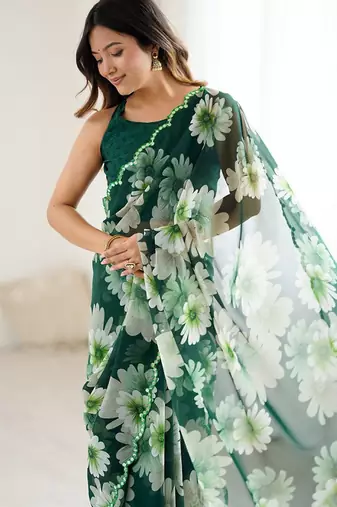 green georgette mirror work saree