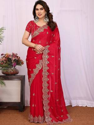 Red pure chiffon embellished saree with blouse 1