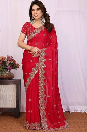 Red pure chiffon embellished saree with blouse