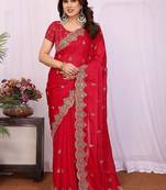 Red pure chiffon embellished saree with blouse