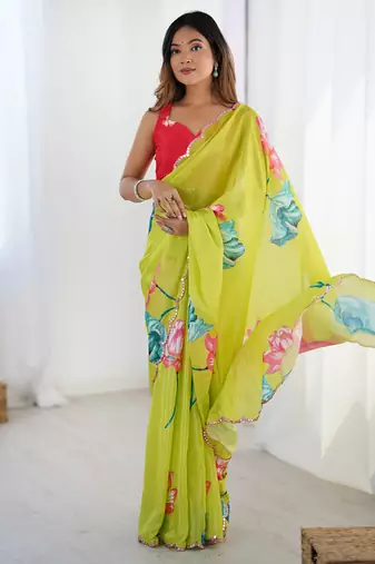 lemon yellow heavy chiffon mirror work saree