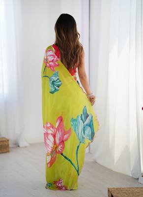 lemon yellow heavy chiffon mirror work saree 3