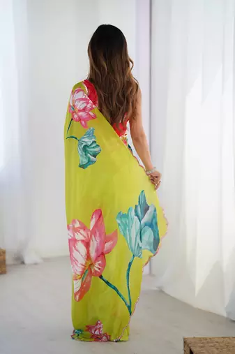 lemon yellow heavy chiffon mirror work saree