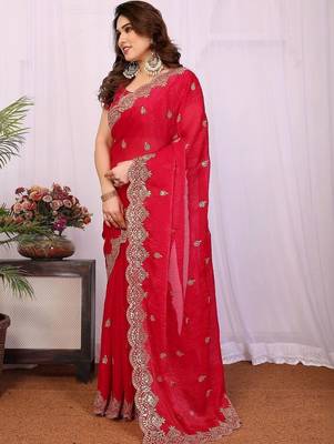 Red pure chiffon embellished saree with blouse 2