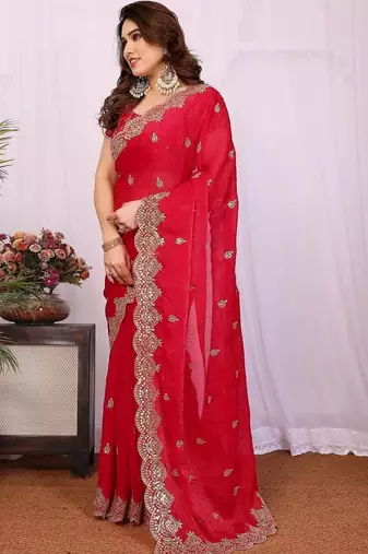 Red pure chiffon embellished saree with blouse